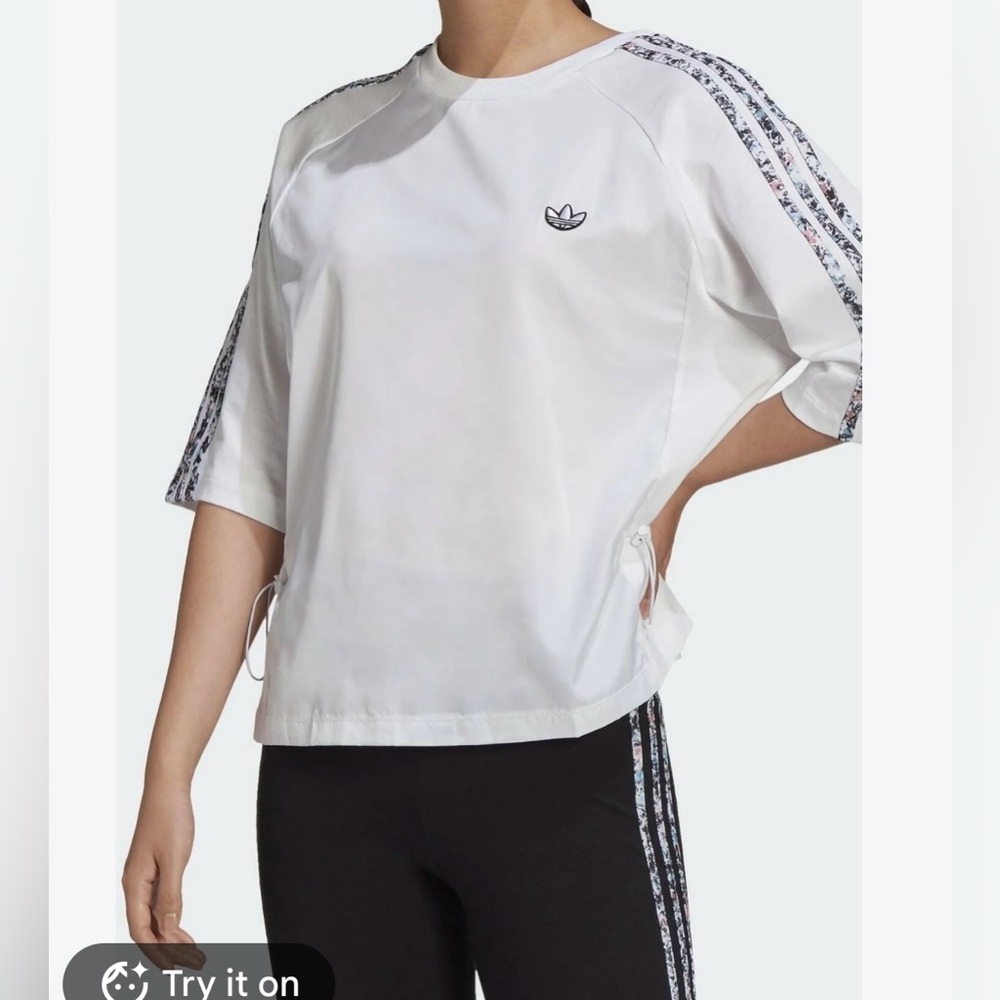 adidas White Trefoil Short-Sleeve Pullover with Patterned Sleeve NWT size L
